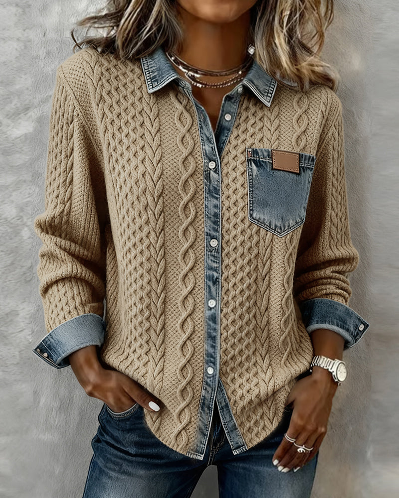 Long-Sleeve Shirt with Denim Patchwork